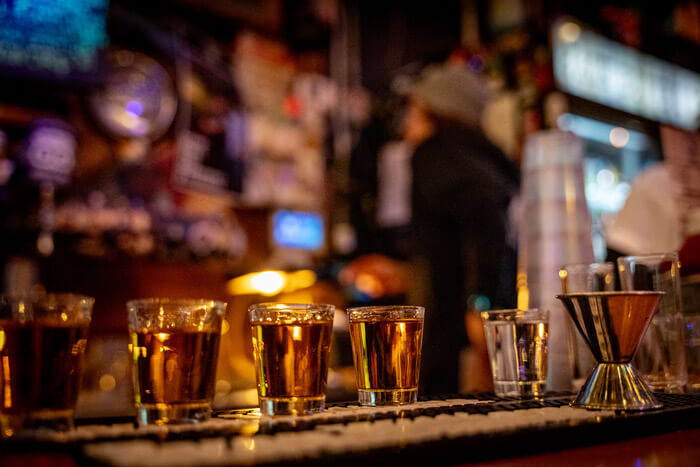 Shots lined up on a Jack Brown's Bar